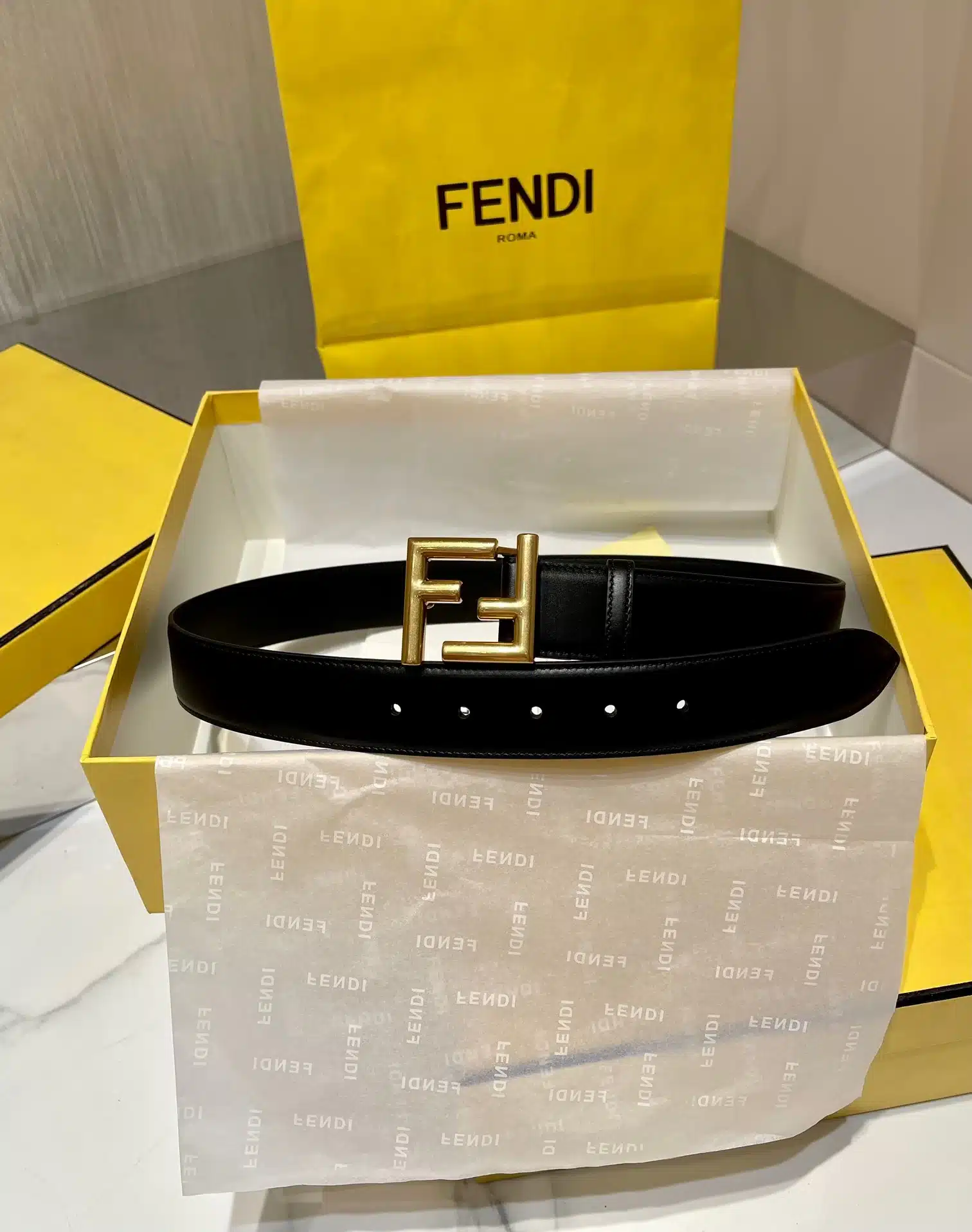F**di Black Leather Belt With Ff Gold Buckle 40Mm