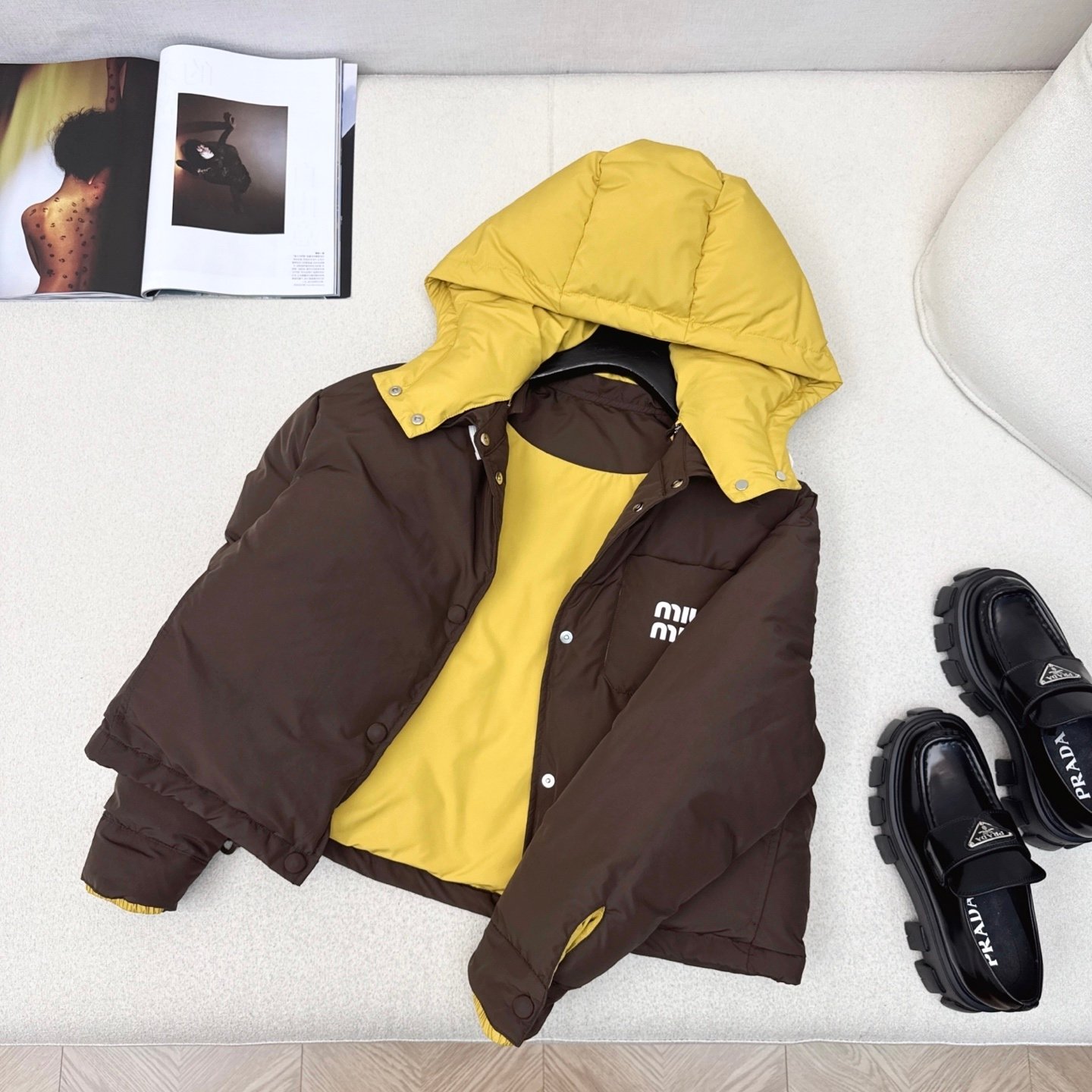 M1um1u Technical Ponge Down Hoodie Jacket Coffee Ml1315 1720 F045I S Ooo