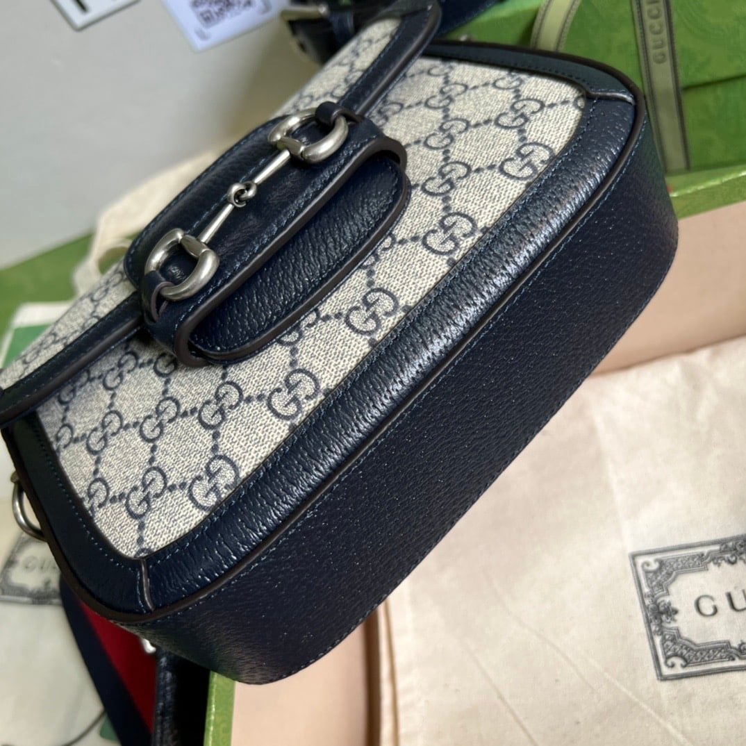 Gvc*1 Horsebit 1955 Small Shoulder Bag GG Svp*me Canvas Navy Blue 20cm 658574 96IWN 4076