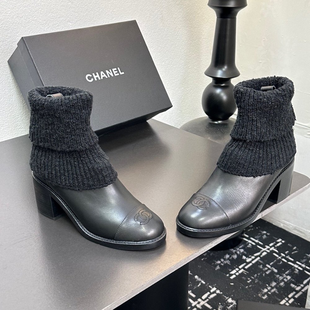 Ch**el Knit Boots Leather Black