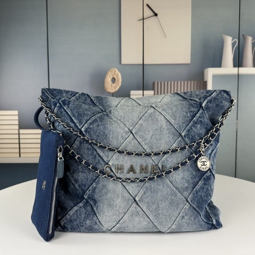 Ch**el 22 Handbag Washed Denim Silver Tone Metal Blue 41Cm AS3261 B10439 NM981
