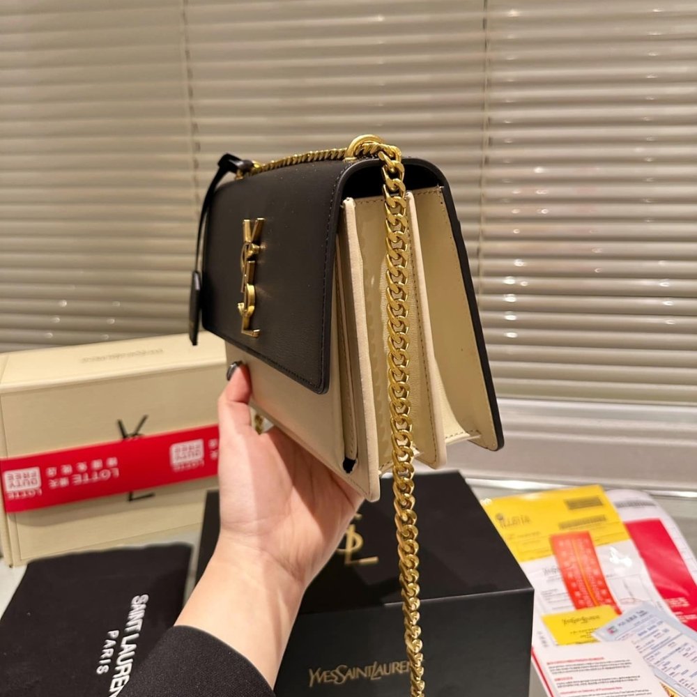 Sa1nt Lau*nt Sunset Medium Chain Bag In Smooth Leather Bag Beige Black 22Cm 442906D42Ew1089