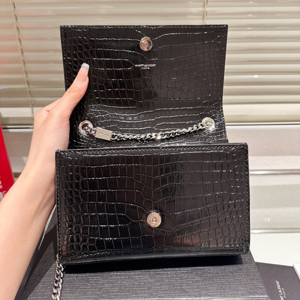 Sa1nt Lau*nt Kate Small Tassel In Crocodile Embossed Leather Silver Black 19Cm 474366Dnd0N1000