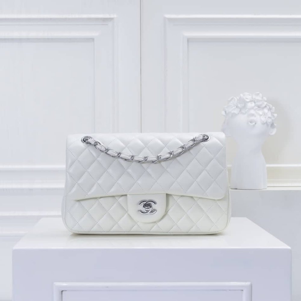 Ch**el Classic Double Flap Bag White Silver Hardware 25Cm
