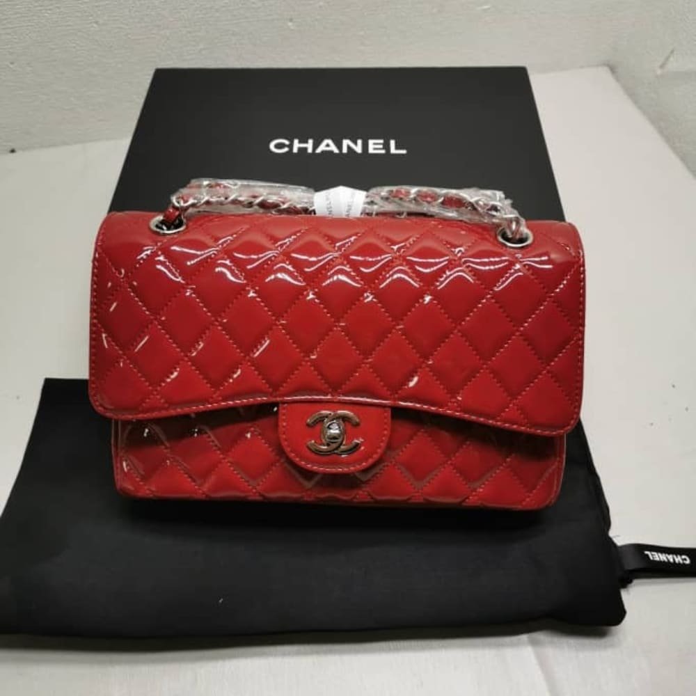 Ch**el Medium Classic Double Flap Bag Patent Leather Red 26Cm