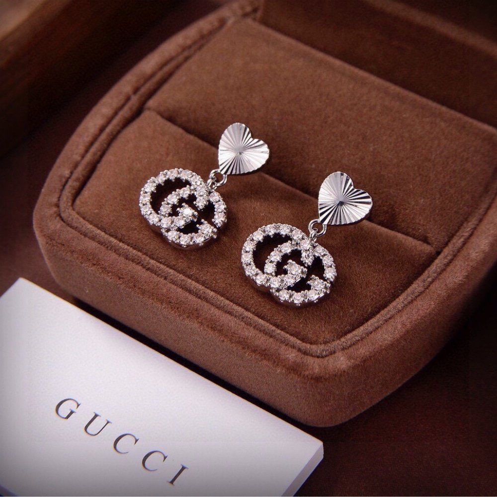 Gvc*1 Gg Heart Earrings Silver With Crystals