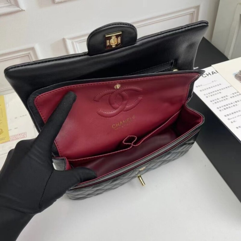 Ch**el Classic 11.12 Handbag Gold Tone Metal Black 25Cm A01112 Y01295 94305