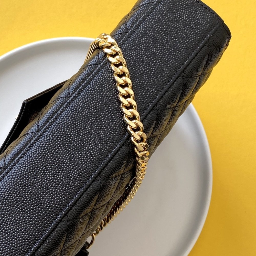 Sa1nt Lau*nt Envelope Medium In Quilted Grain De Poudre Embossed Leather Black Gold 24Cm 600185Bow911000