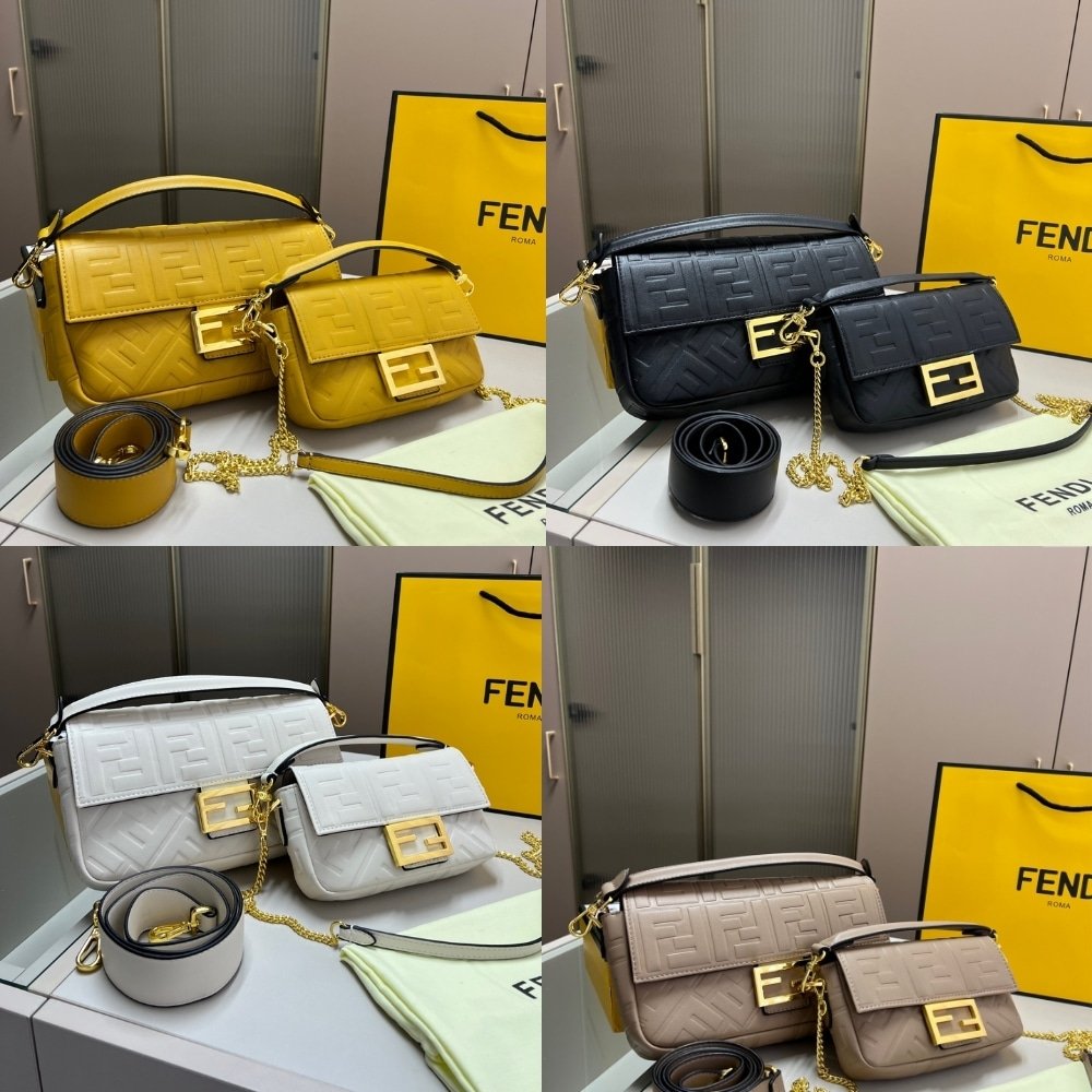 F**di Baguette Chain Midi Leather Bag Beige With Ff Motif 24Cm