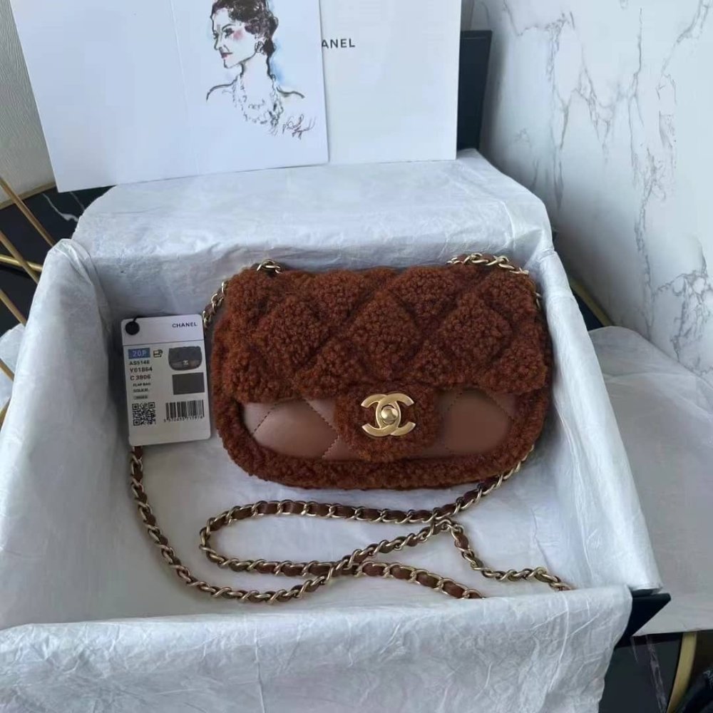[S*per Vip 1:1] Ch**el Flap Bag Teddy Shearling And Gold Tone Metal Brown 19Cm