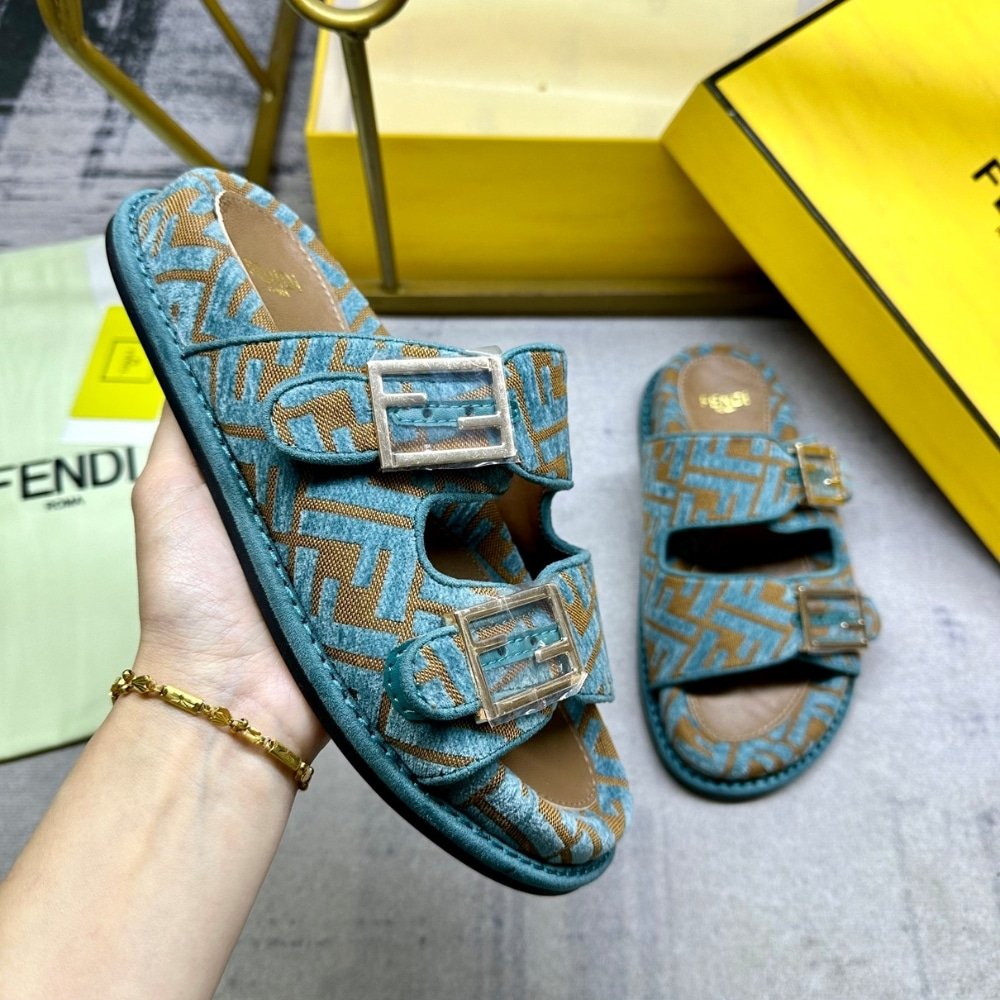 F**di Feel Ff Jacquard Velvet Slides Light Blue 8X8326Aotmf1R88