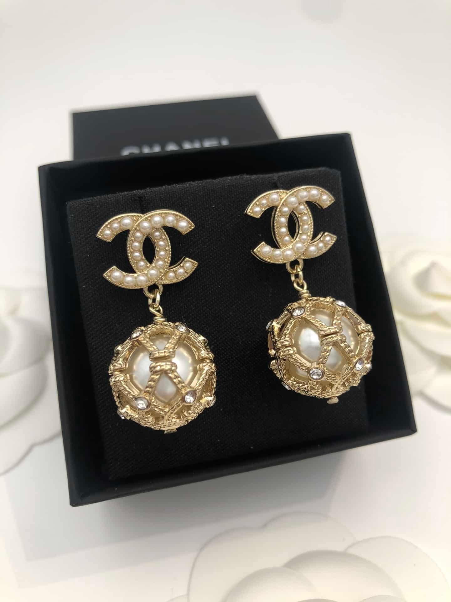 Ch**el Gold Caged Pearl Earrings