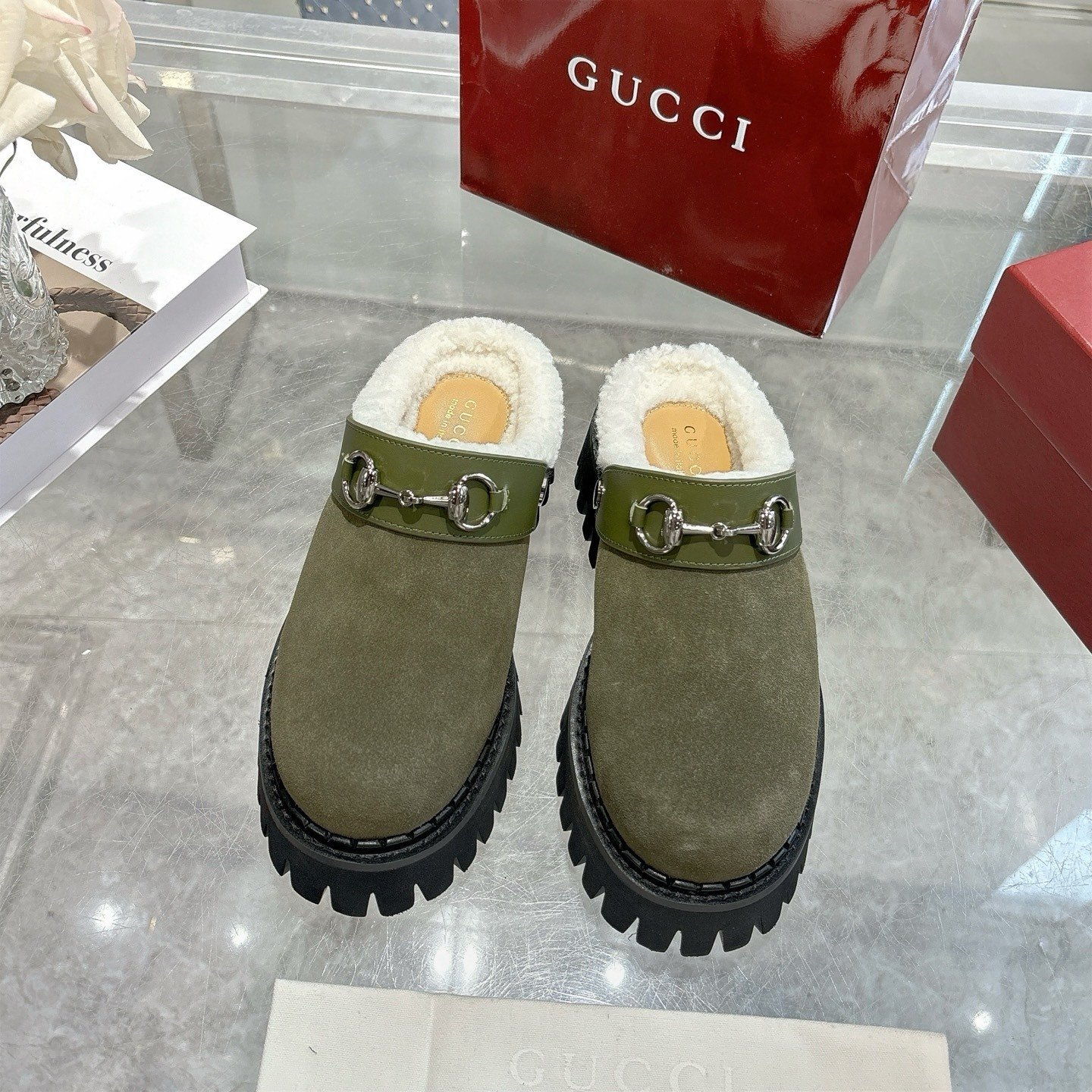 Gvc*1 Horsebit Shearling Mules In Dark Green Suede
