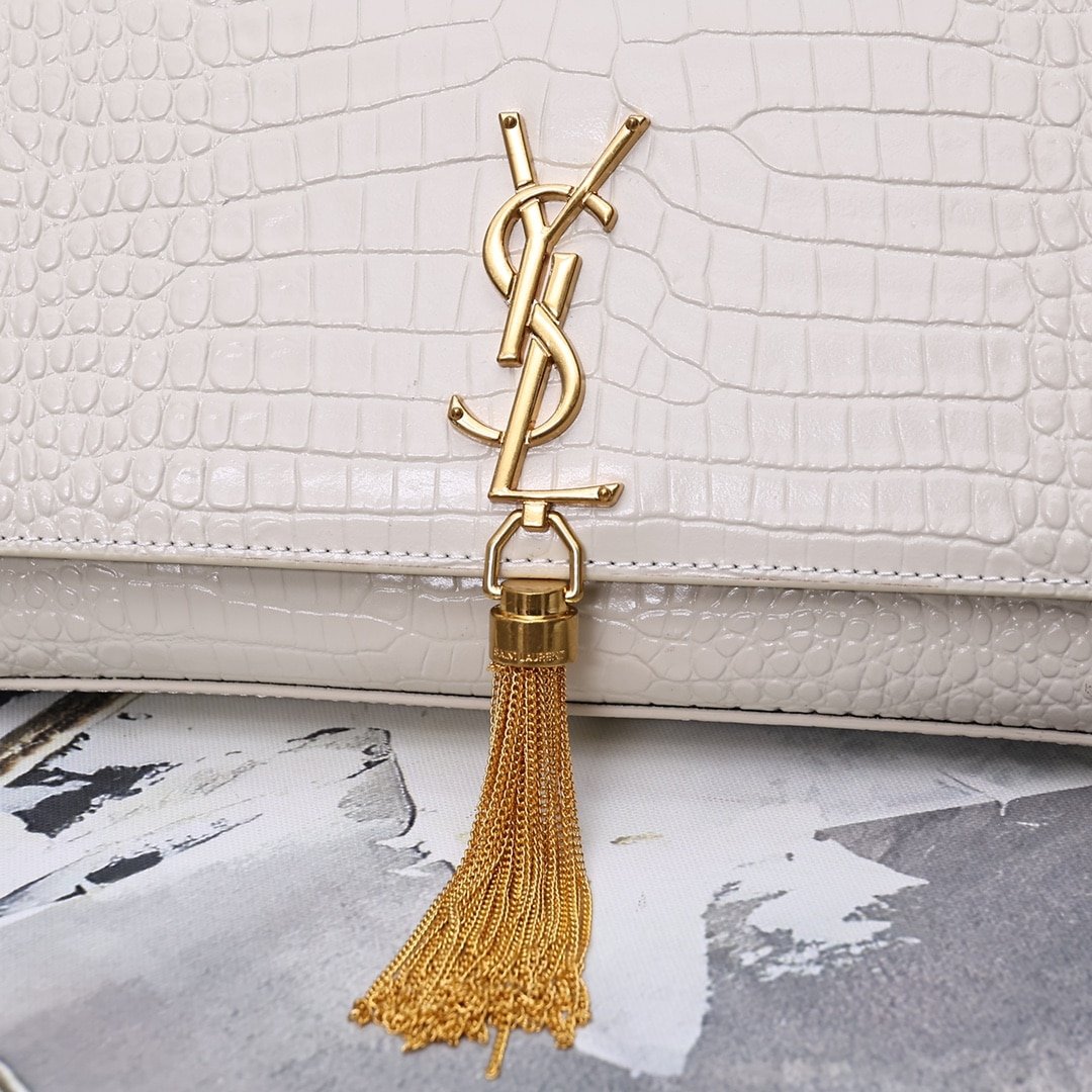 Sa1nt Lau*nt Kate Medium Chain Bag With Tassel In Crocodile-Embossed Shiny White 354119Dnd0J9207