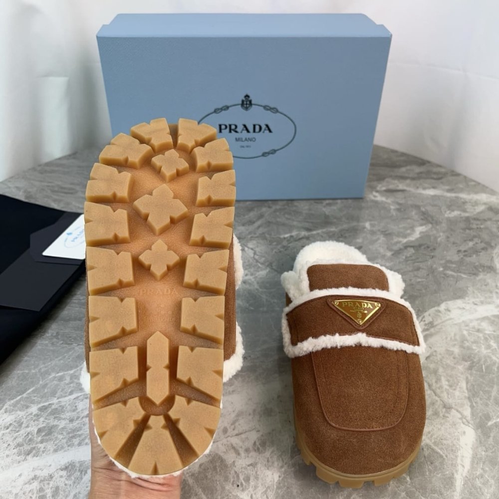 Pra*a Suede And Shearling Slippers Cinnamon 1S711M X0O F0401 F Zg20
