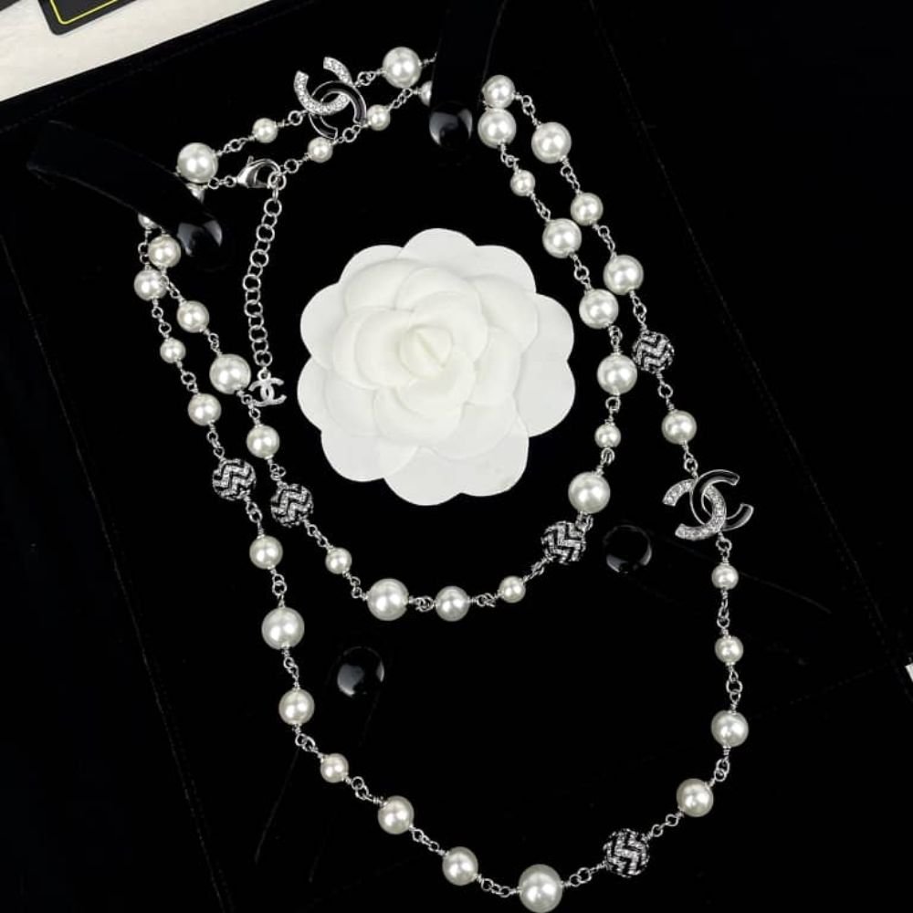 Ch**el Pearl Necklace with Interlocking CC Logos Charms