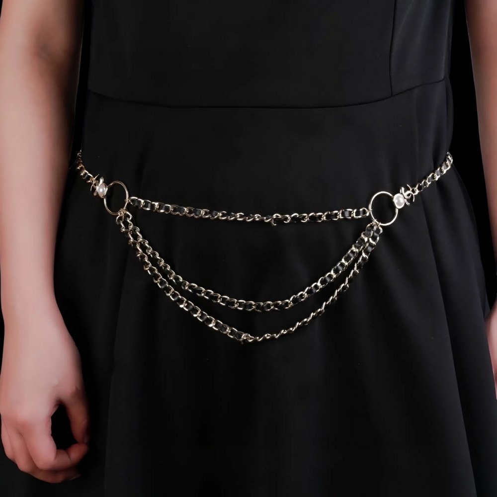 Ch**el Cc Chain Faux Pearls Belt Gold Black