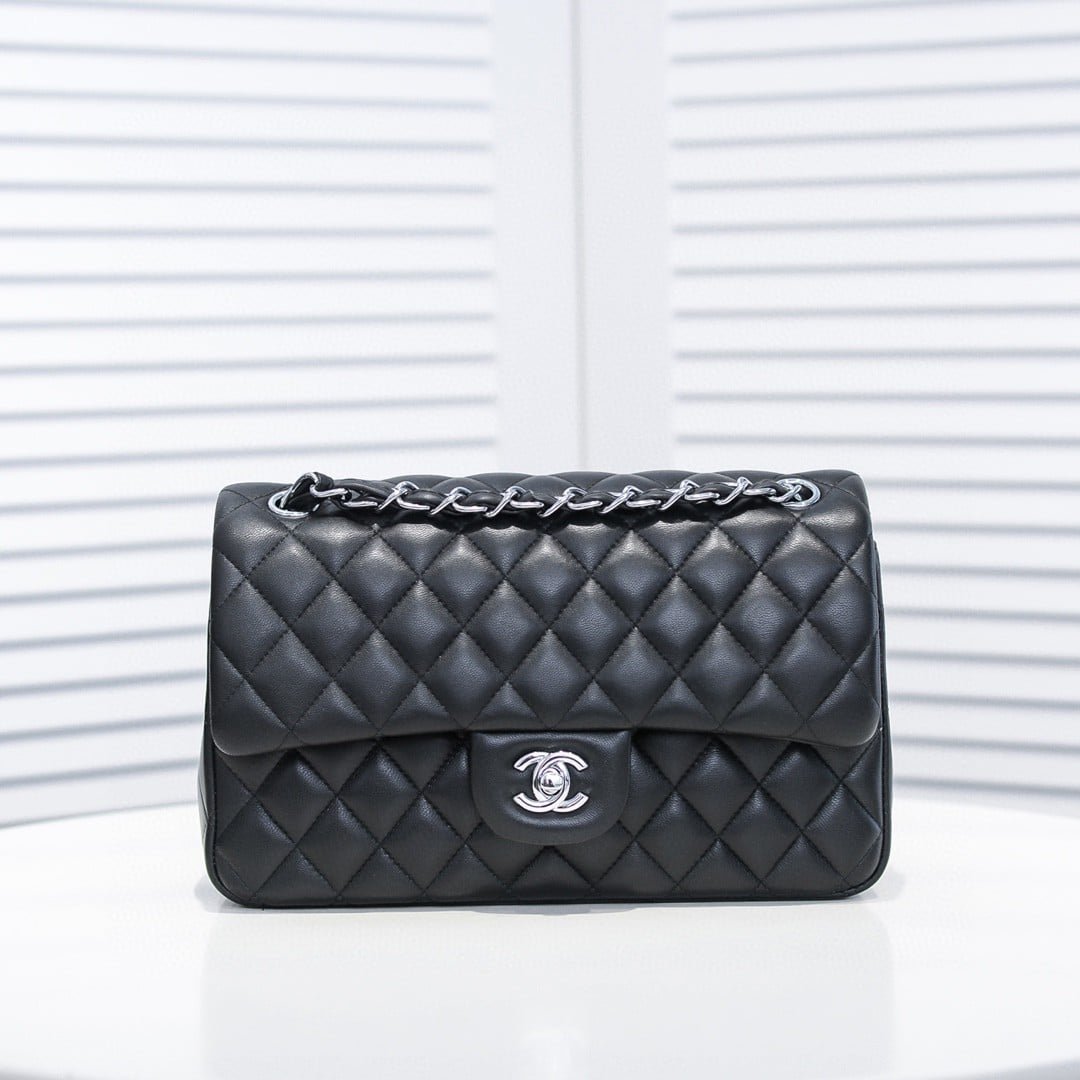 Ch**el Small Classic Flap Bag Black Leather With Silver Hardare 25Cm A01113 Y01480 94305