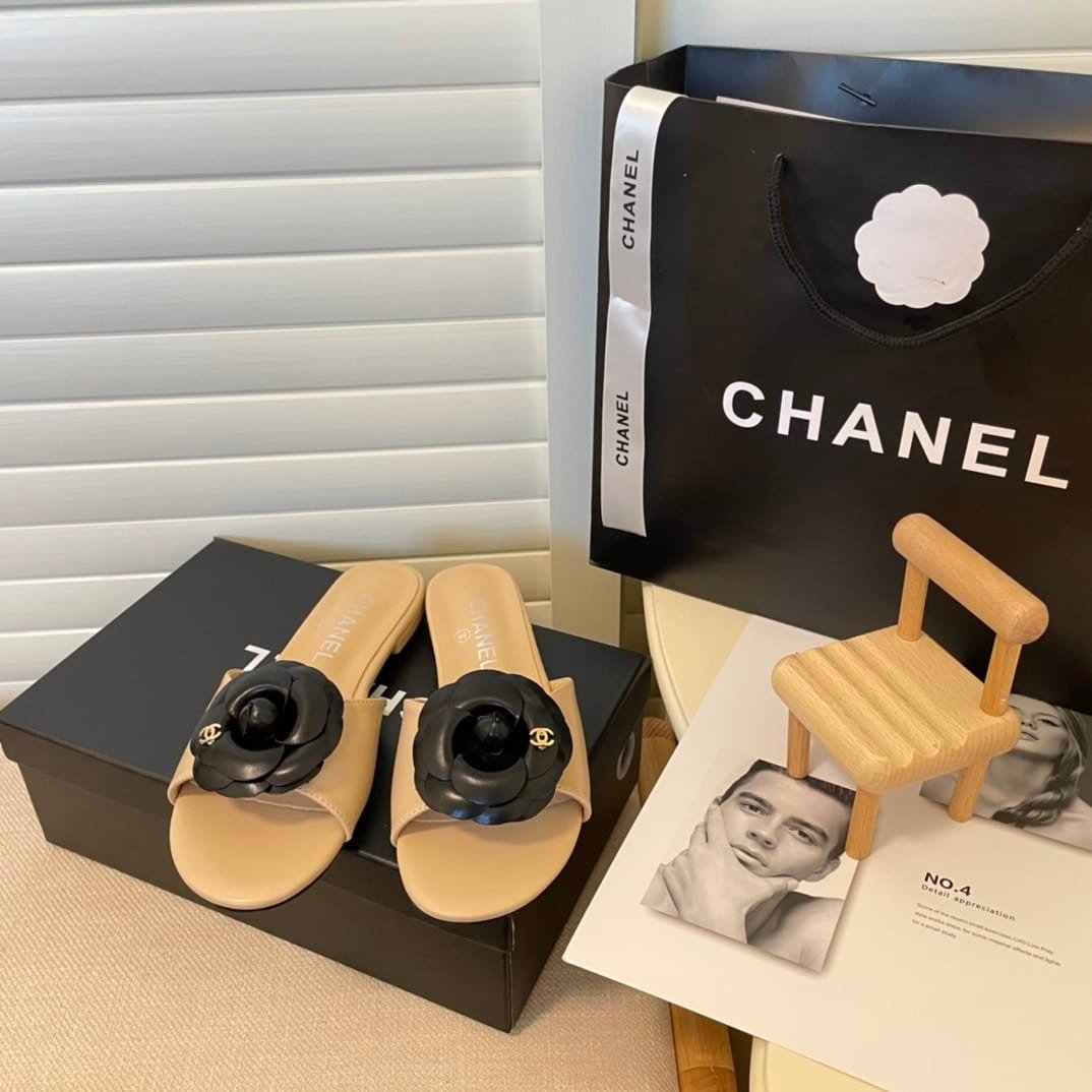 Ch**el Black Camellia Slides Beige