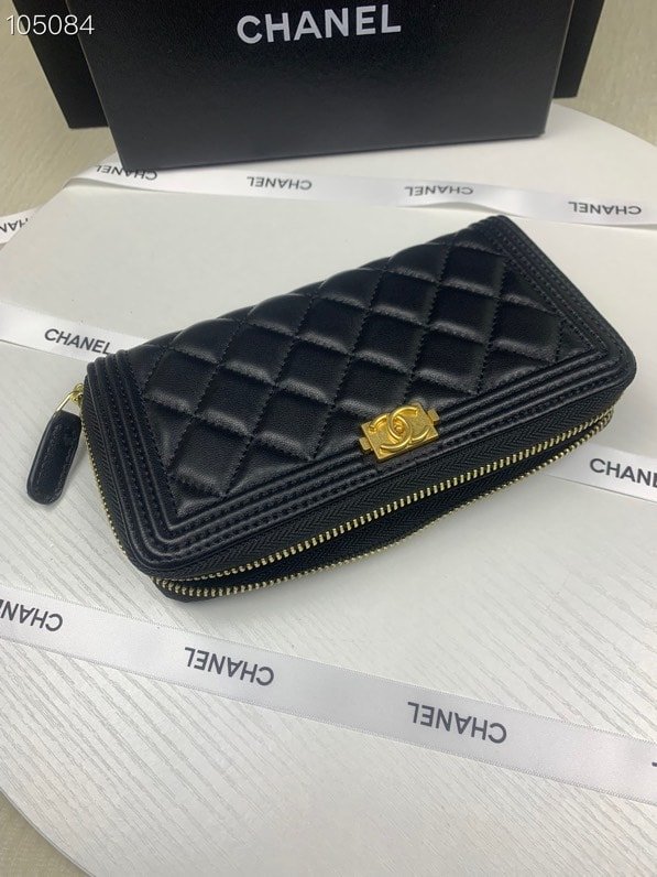 Ch**el Boy Long Zipped Wallet With Gold Hardware Black 19.4Cm