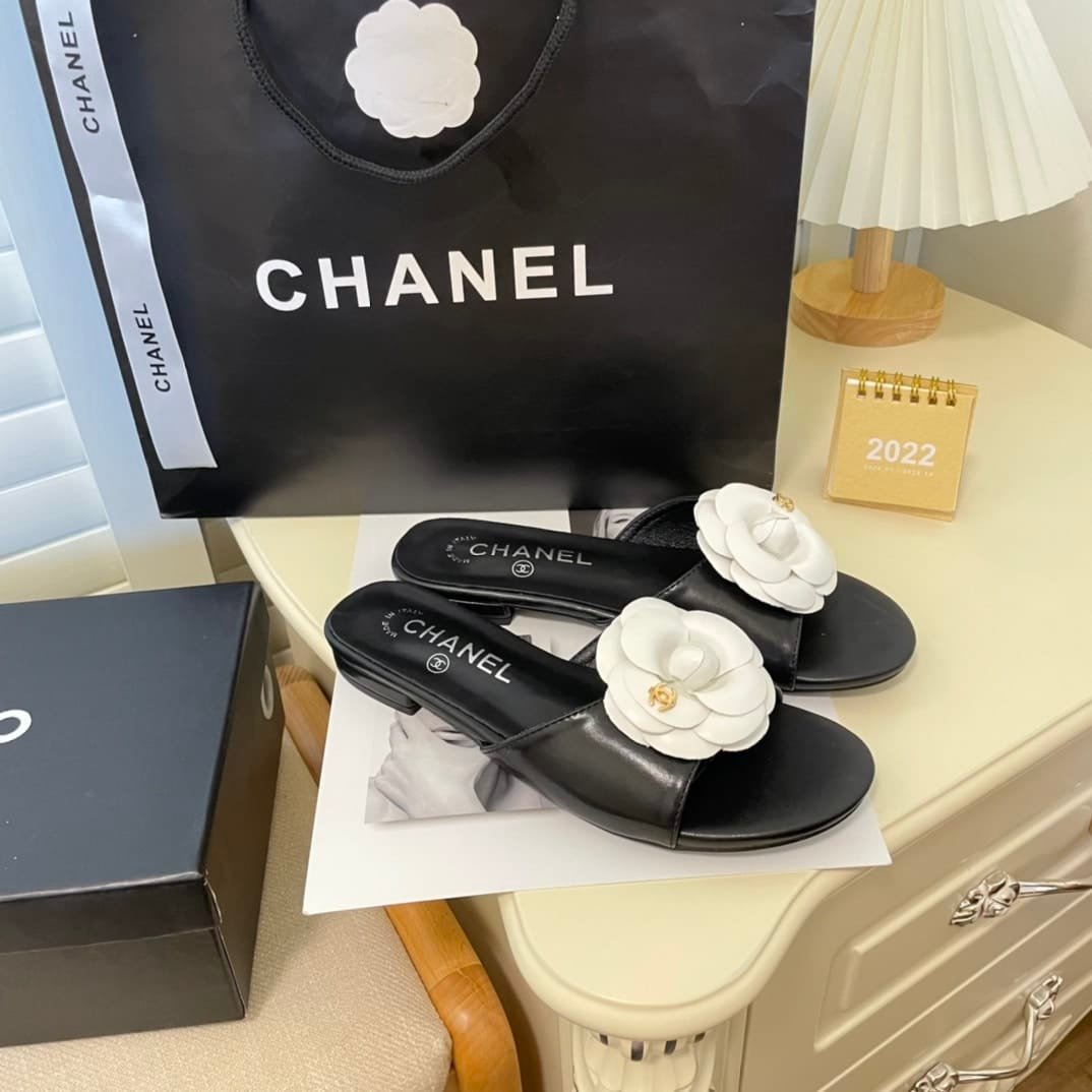 Ch**el White Camellia Slides Black