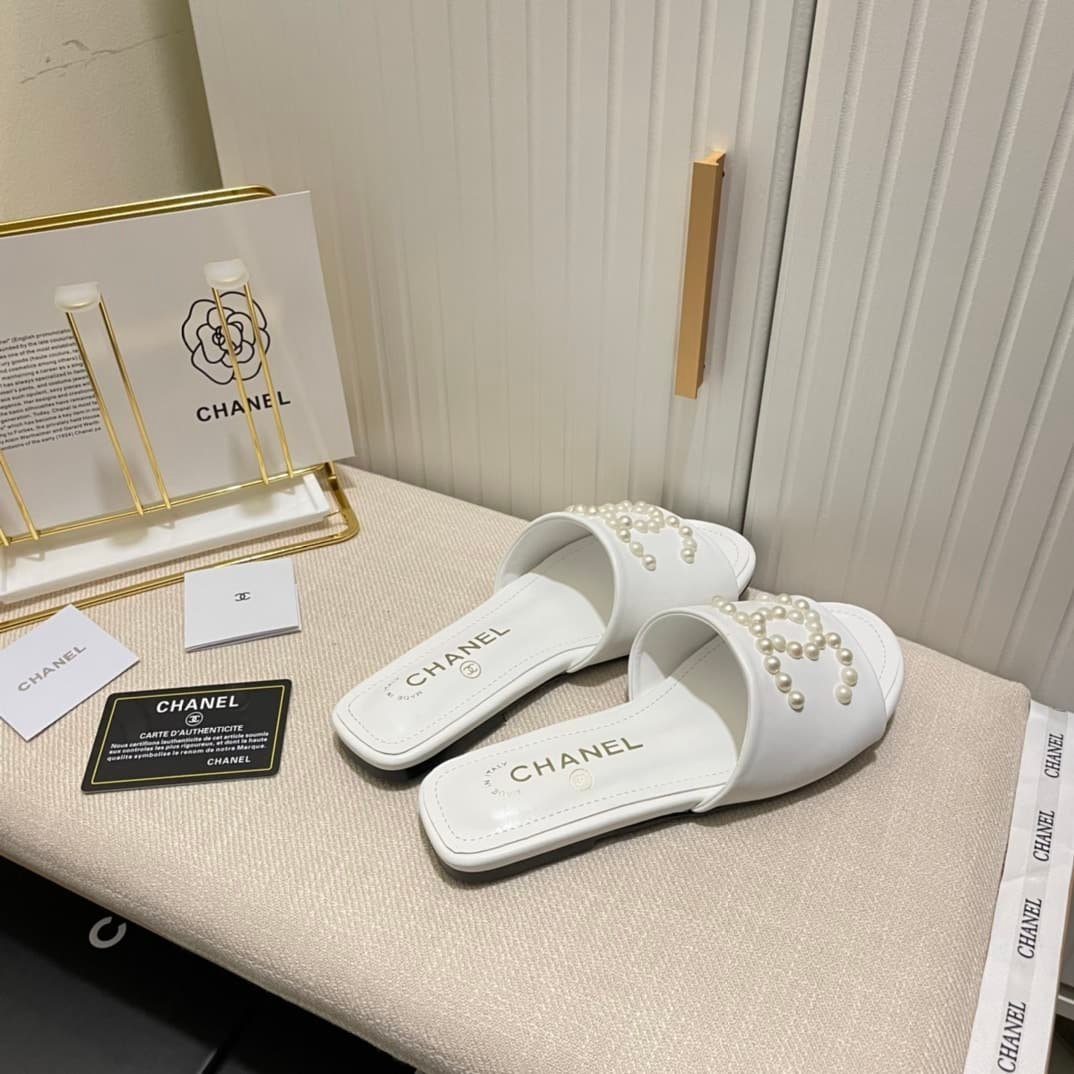 Ch**el Cc Pearl Slippers White