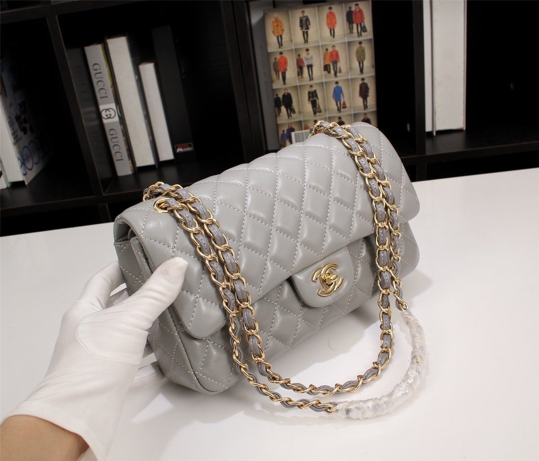 Ch**el Classic Flap Gray Gold Hardware 25Cm