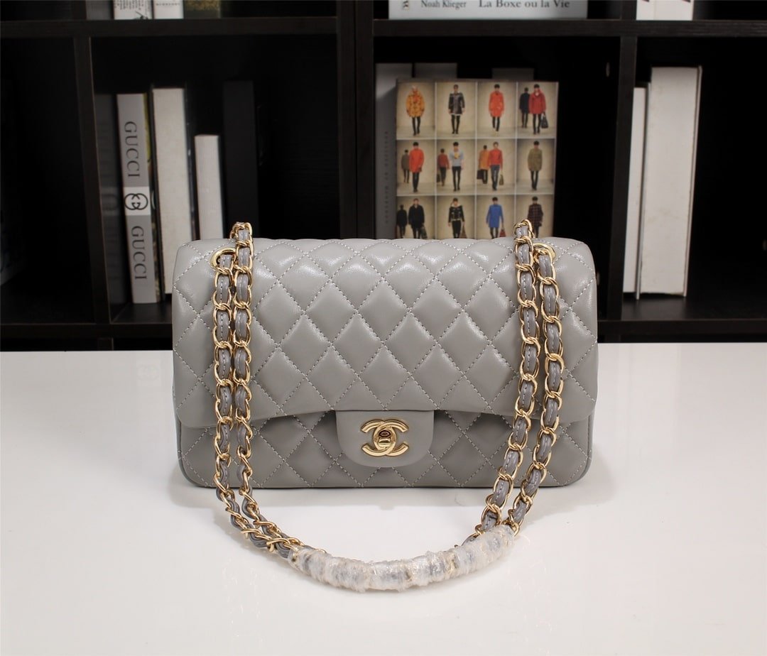 Ch**el Classic Flap Gray Gold Hardware 25Cm