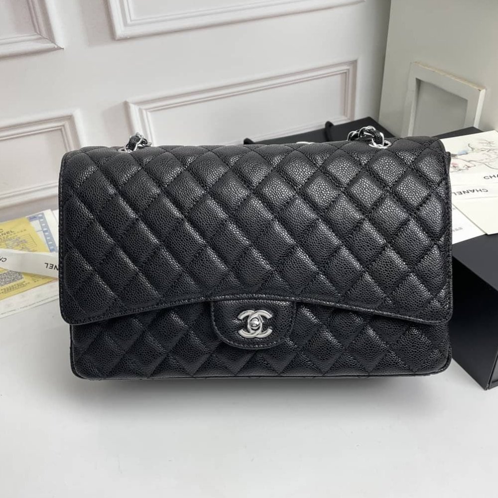 Ch**el Maxi Classic Handbag Sliver Hardware Black 33Cm