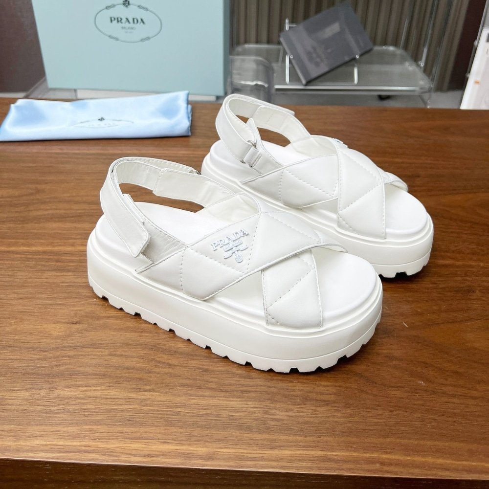 Pra*a Nappa Leather Crisscross Flatform Sandals Ivory 1Xz777 038 F0304 F 045