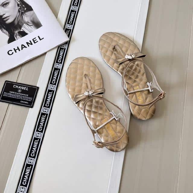 Ch**el Gold Quilted Leather With White Camellia Cc Logo Bow Thong Sandals