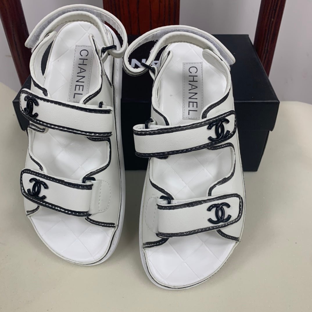Ch**el Calfskin Printed Velcro Dad Sandals White Black