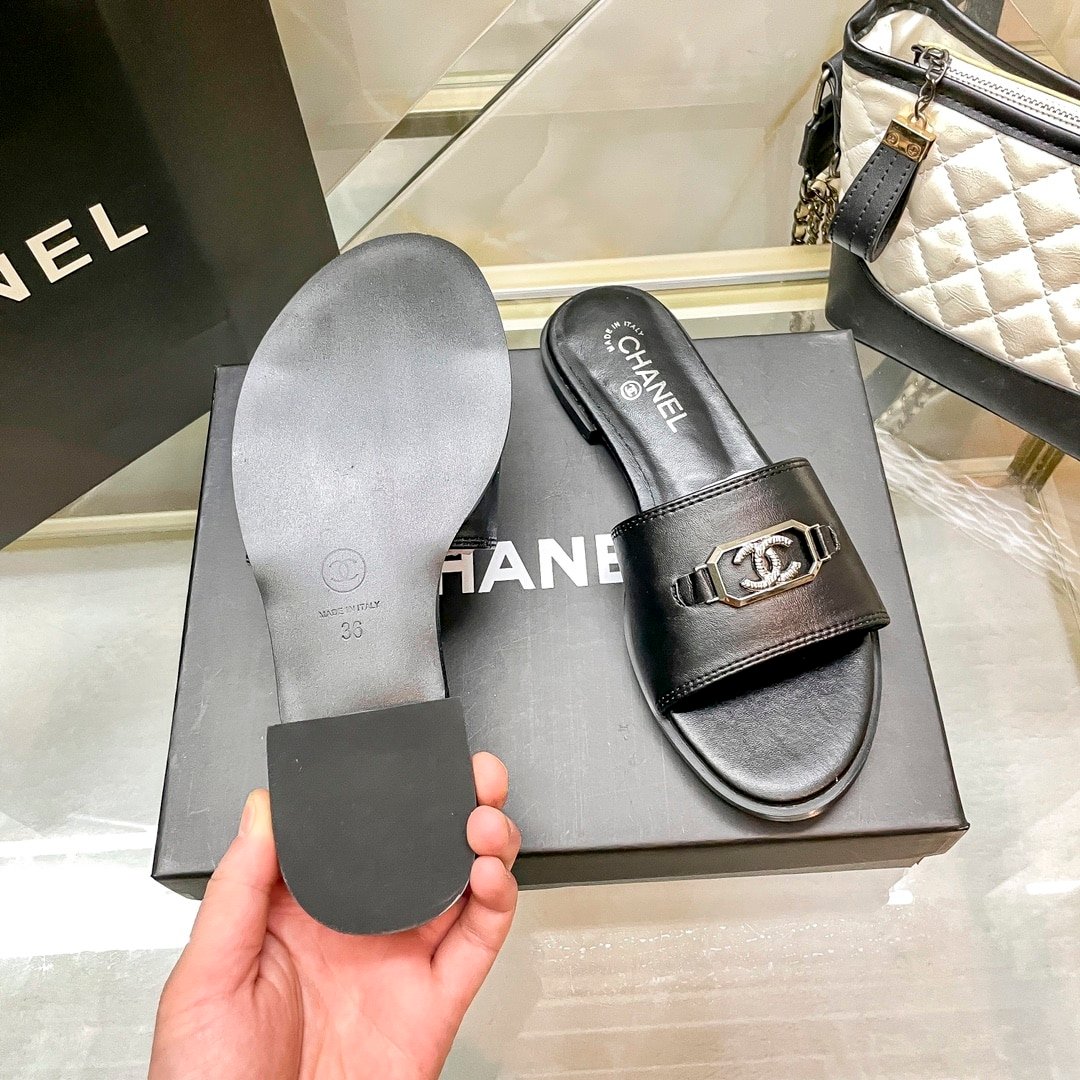 Ch**el Slippers With Cc Silver Hardware Black G45172 B13906 Nq961