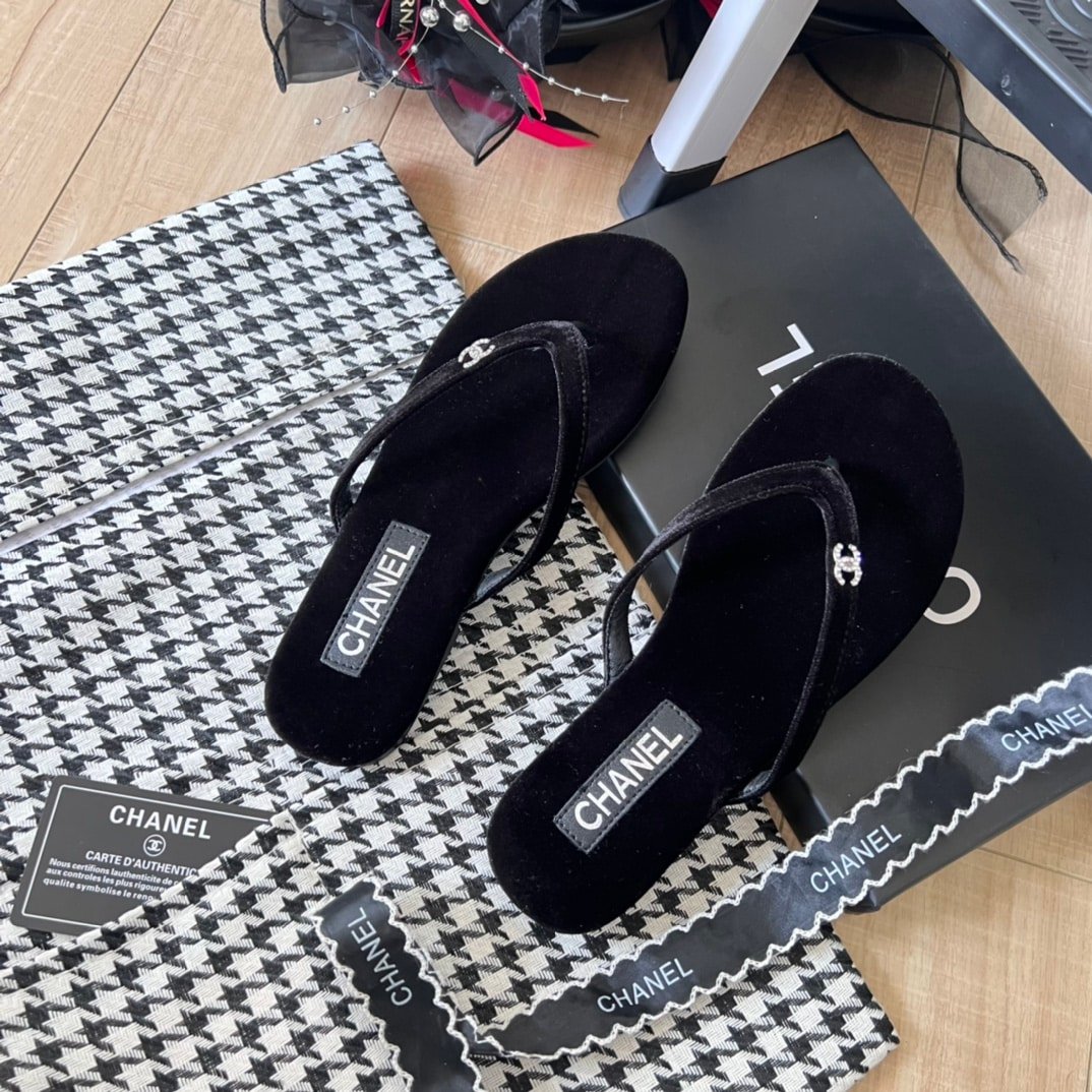 Ch**el Thongs Slipper Velvet In Black G45716 B16716 94305