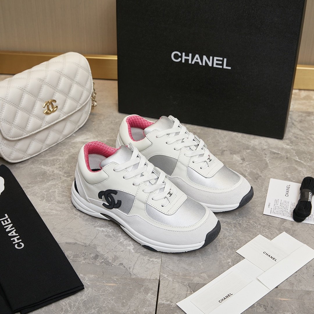 Ch**el Suede And Leather Cc Low Top Sneaker White Pink