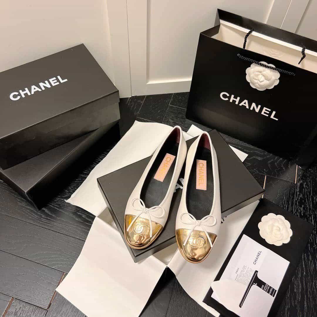 Ch**el Leather Cap Toe Ballet Flats White Gold