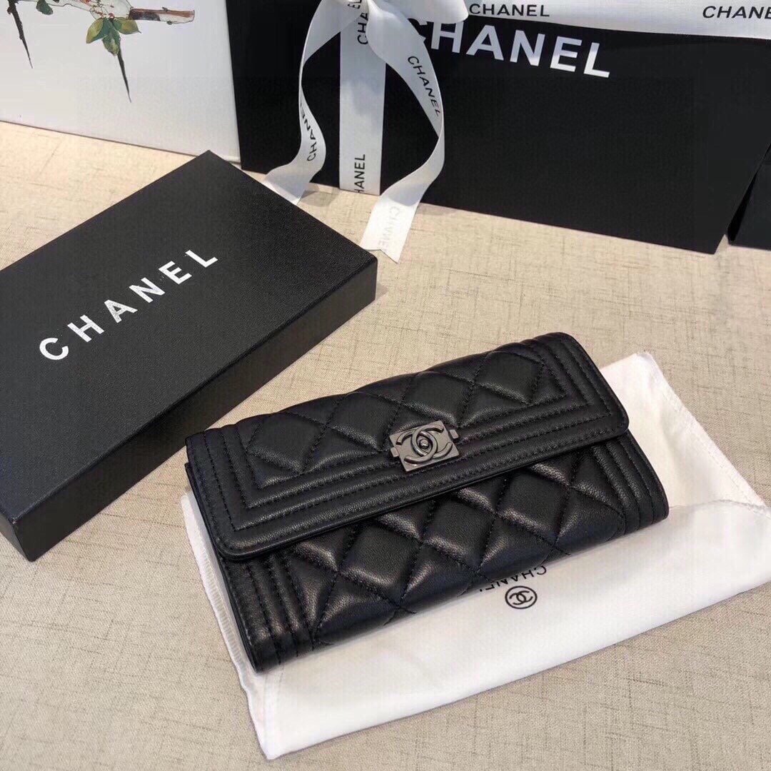 Ch**el Boy Flap Long Wallet Ruthentium Hardware Black 19Cm