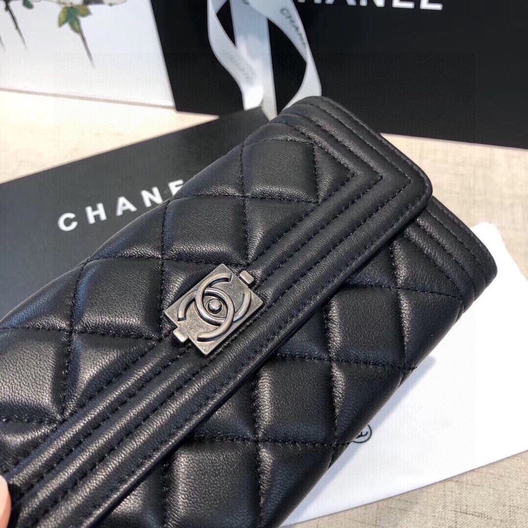 Ch**el Boy Flap Long Wallet Ruthentium Hardware Black 19Cm