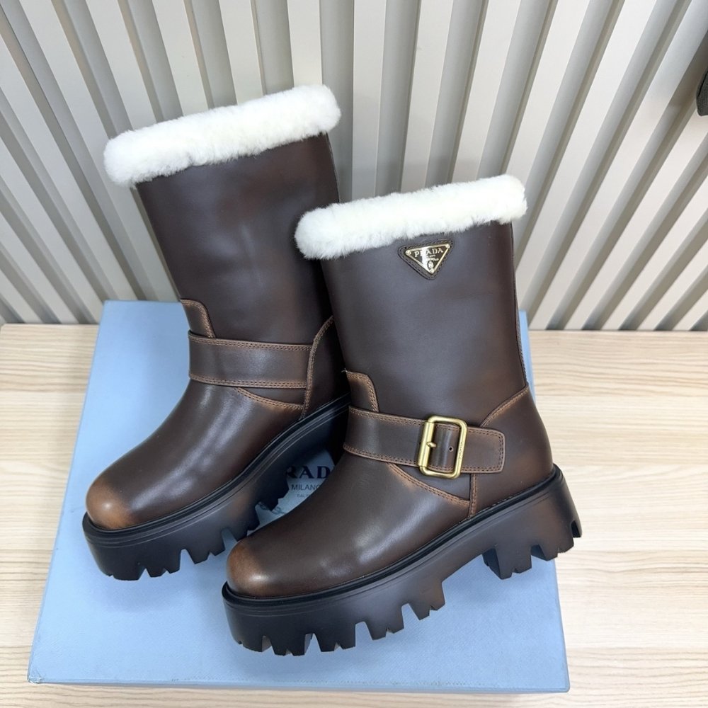 Pra*a Leather And Shearling Booties Cocoa Brown 1U187O Dfw F0324 F 050