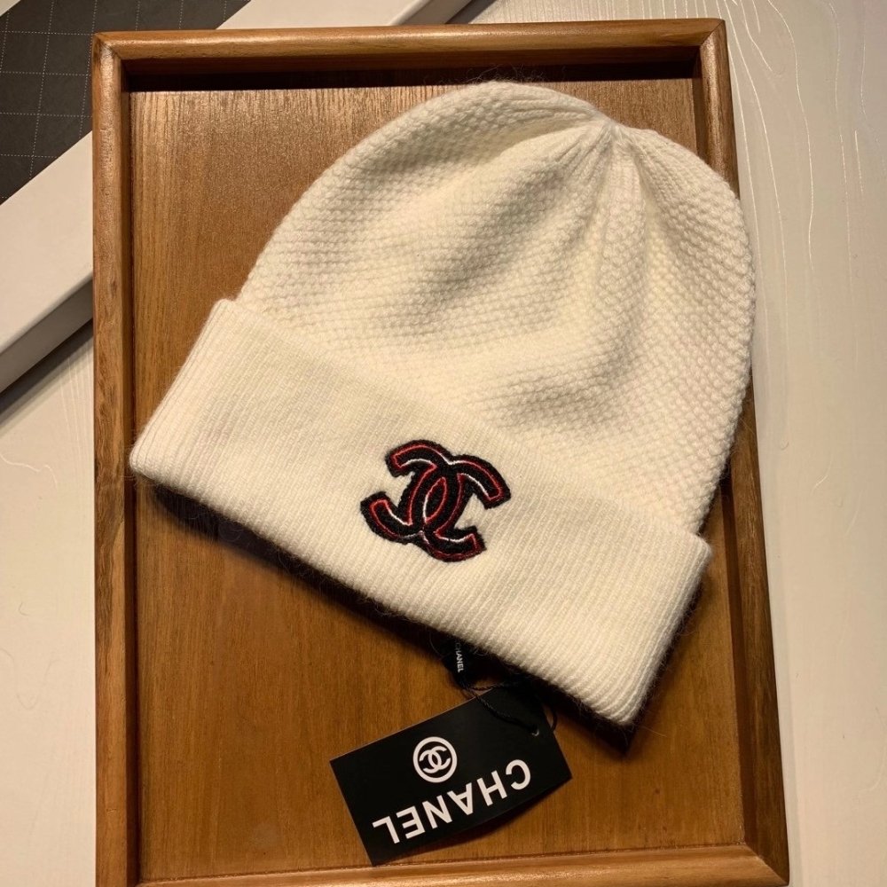 Ch**el Cc Logo Cashmere Beanie White