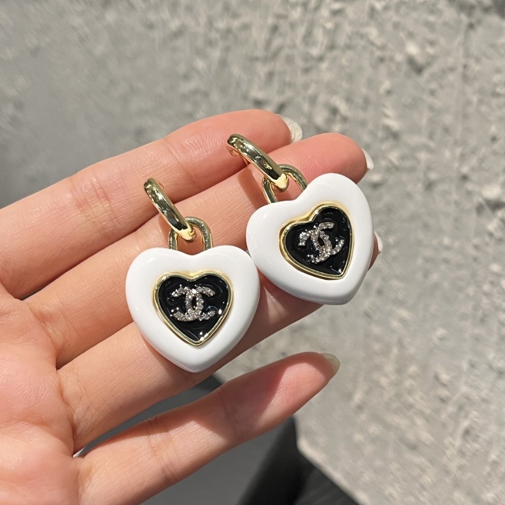 Ch**el Heart Logo Dangle Earrings In White With Gold