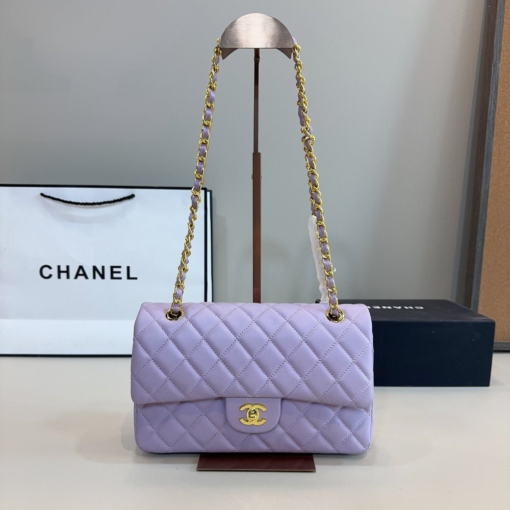 Ch**el Medium Classic Double Flap Purple Gold Hardware 25Cm