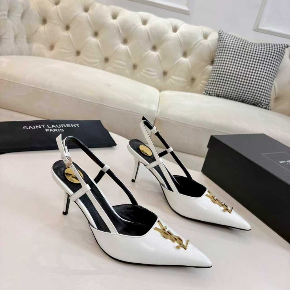 Sa1nt Lau*nt Pointed Toe Slingback Pumps With Gold Tone Metal White
