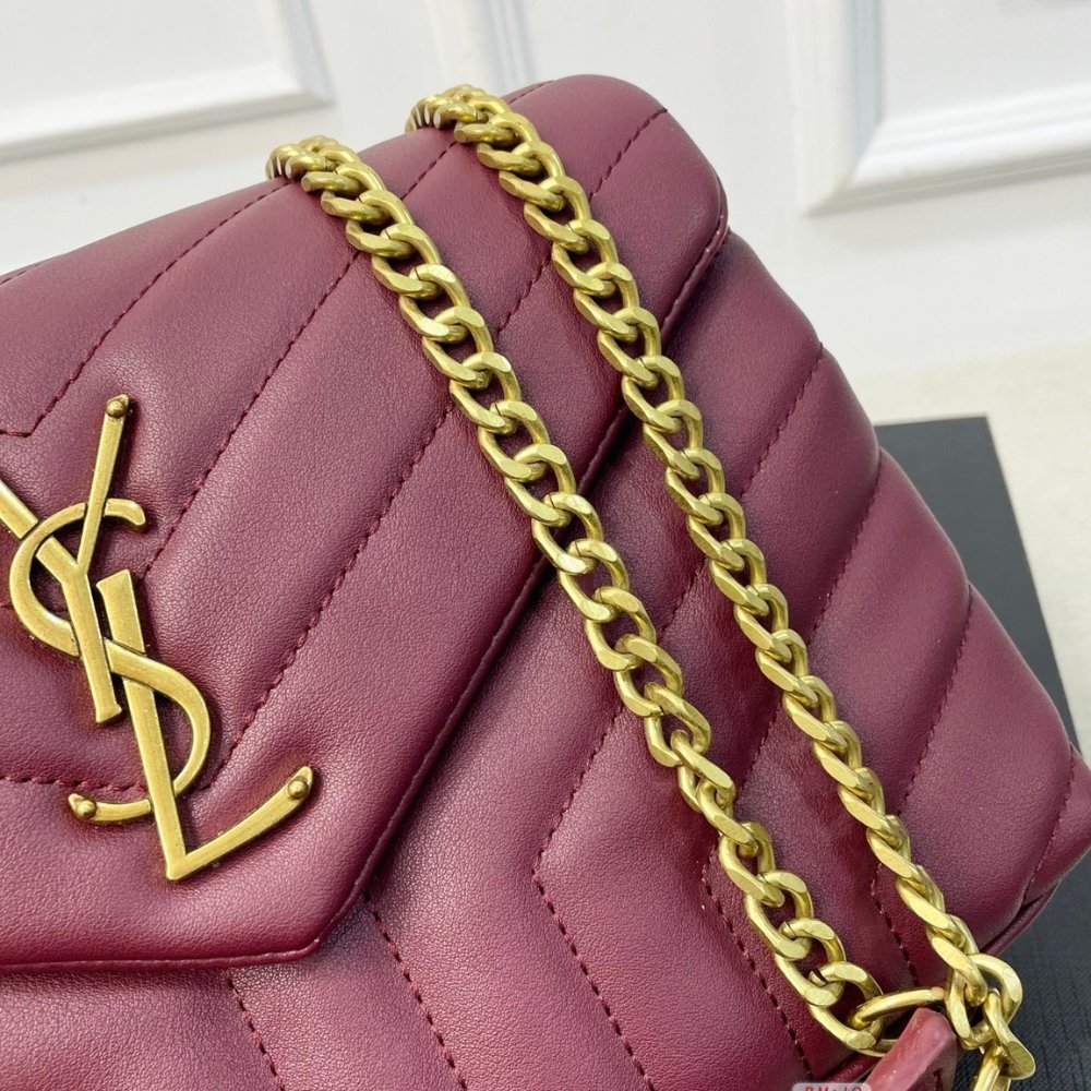 Sa1nt Lau*nt Loulou Medium Chain Bag In Matelassé Y Leather Burgundy Gold 26Cm