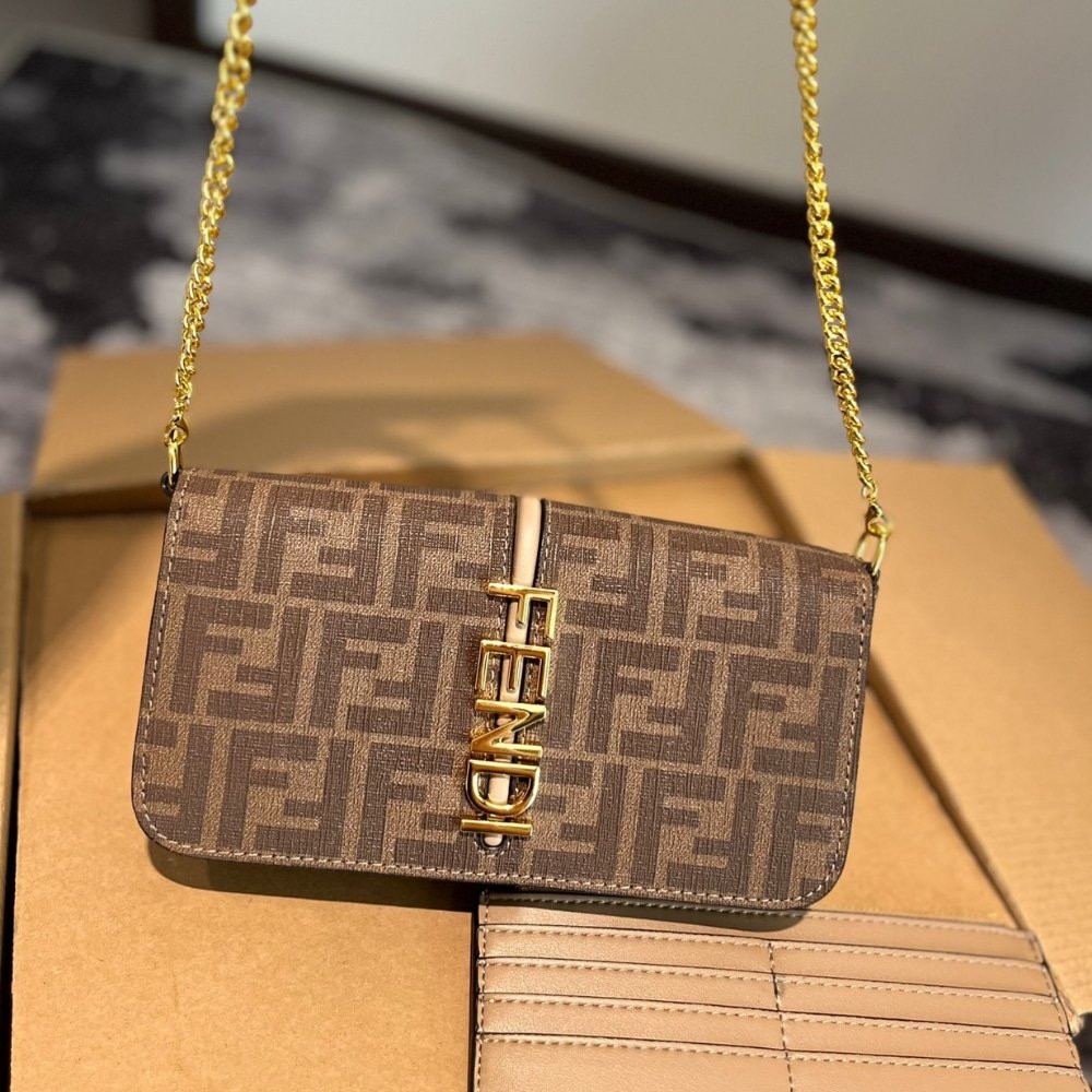 F**di F**digraphy Ff Fabric Wallet On Chain Brown 21Cm 8Bs076 Ad23