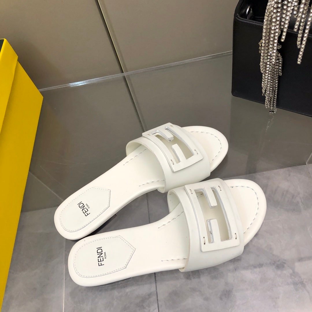 F**di Baguette White Leather Slides