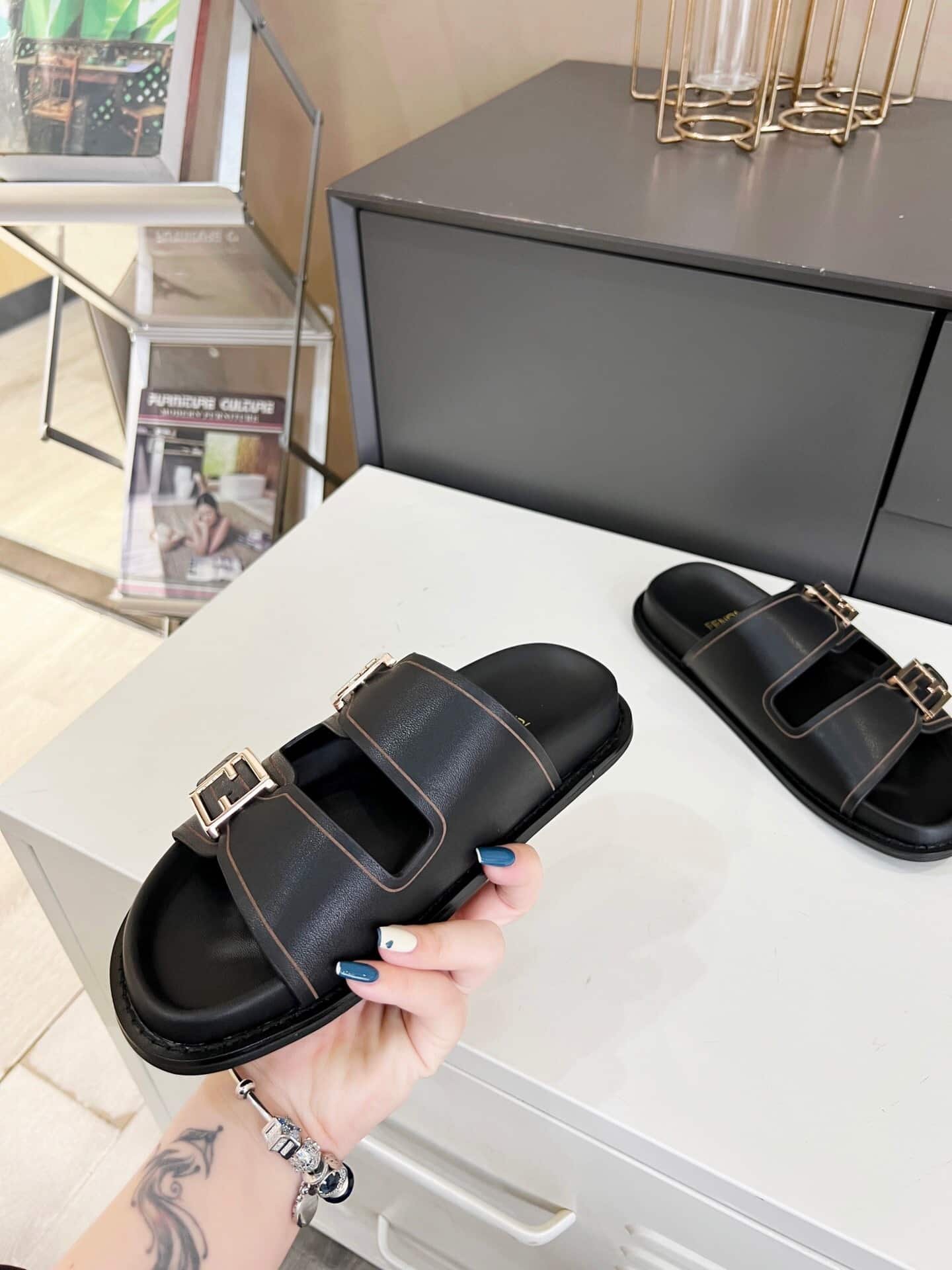 F**di Feel Leather Slides Black
