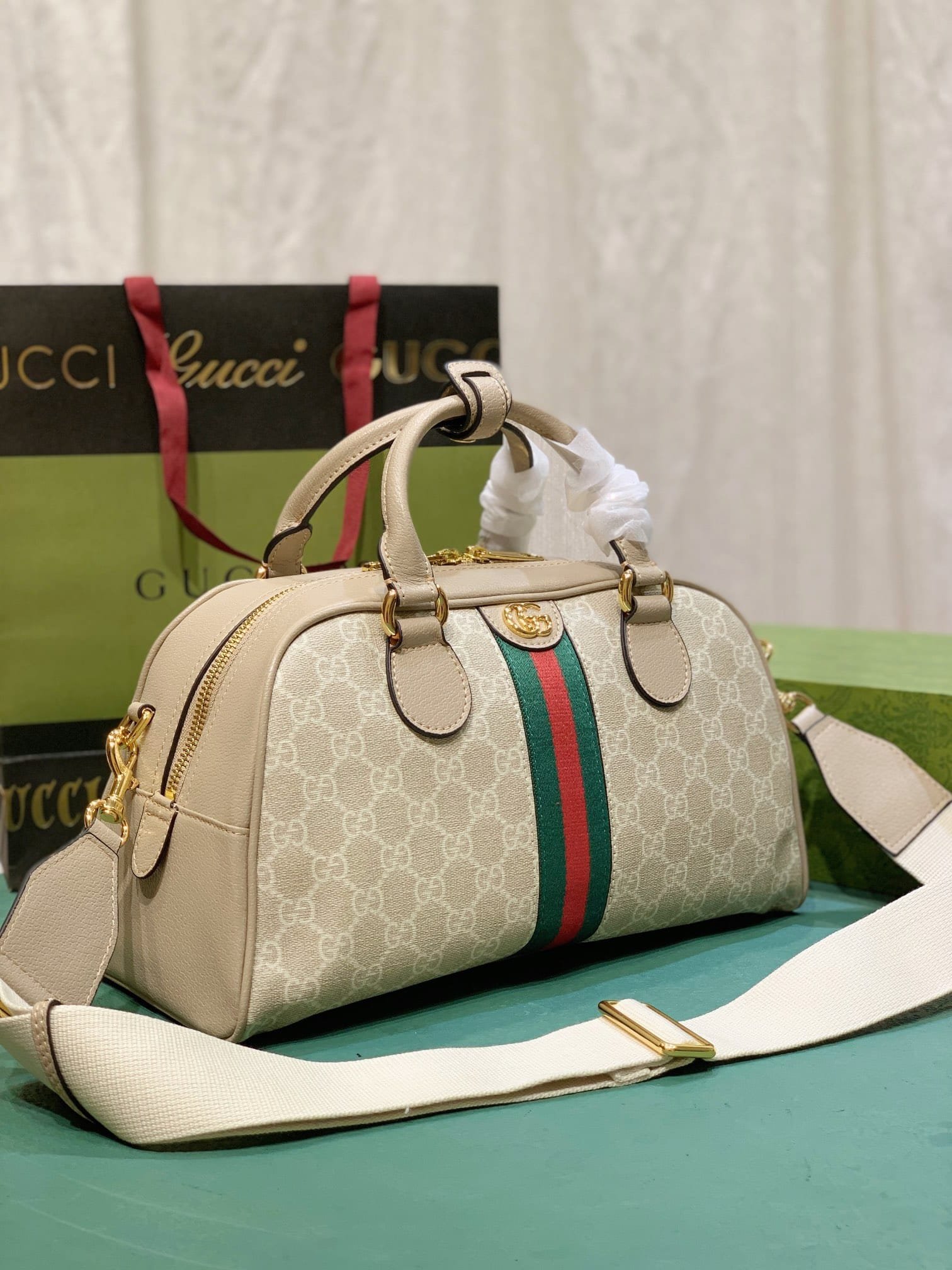 Gvc*1 Women’S Metallic Ophidia Gg Top Handle Bag Beige And White 32Cm 724606 Fabex 9642