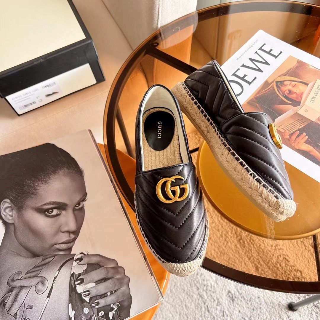Gvc*1 Espadrille Matelasse Chevron Leather With Double G Black 551890 Bko00 1000
