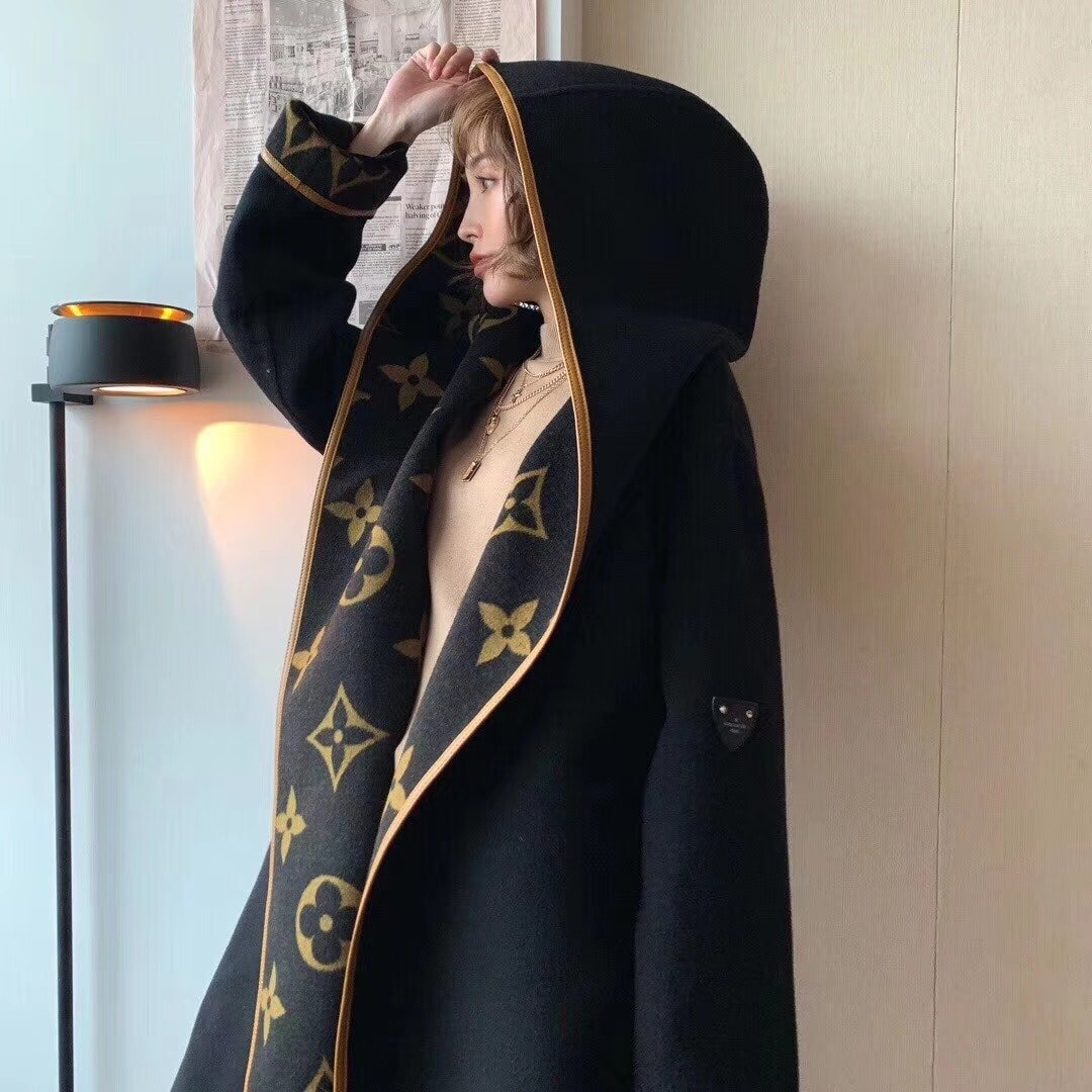 L0vis Vvtt0n Hooded Wrap Coat Monogram Wool In Black
